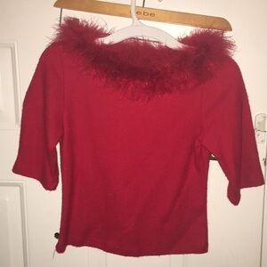 Girls Red holiday 3/4 sleeve sweater. feather trim